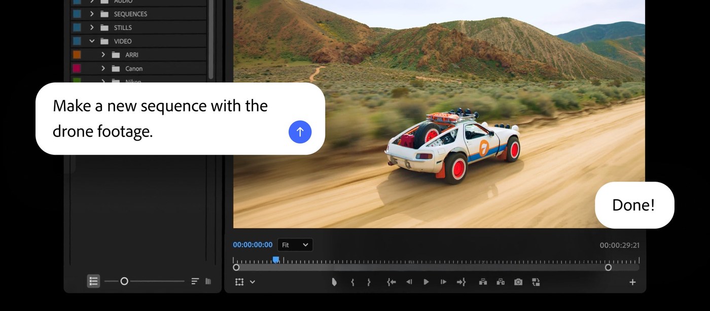 Adobe Premiere AI design tools interface showing drone footage sequence assembly prompt with rally car timeline preview