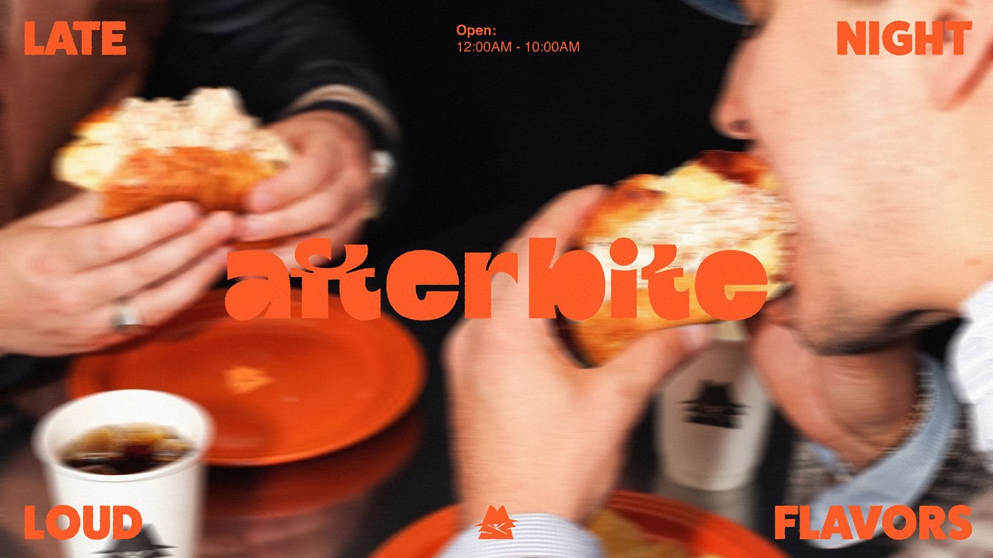 Indulgent packaging of AFTERBITE burger identity featuring heavy grotesque typography