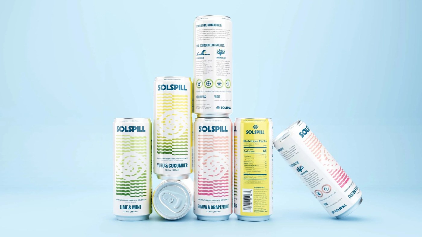 Diseño de empaque de bebidas Solspill Descripción general de la marca de hidratación premium por Holman Design