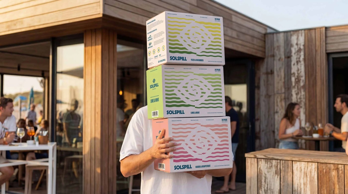 Sistema de identidad visual de diseño de envases de bebidas Solspill bloqueado por Holman Design