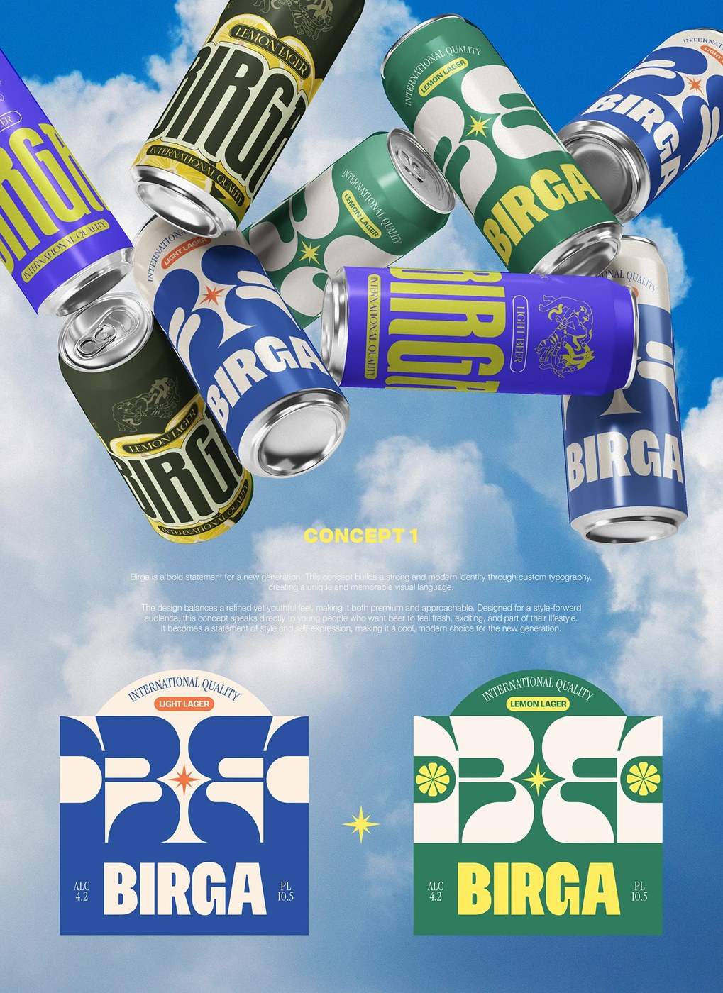 Diseño de empaque de cerveza Birga cerveza ligera y cerveza de limón tipografía en negrita dos variantes de color