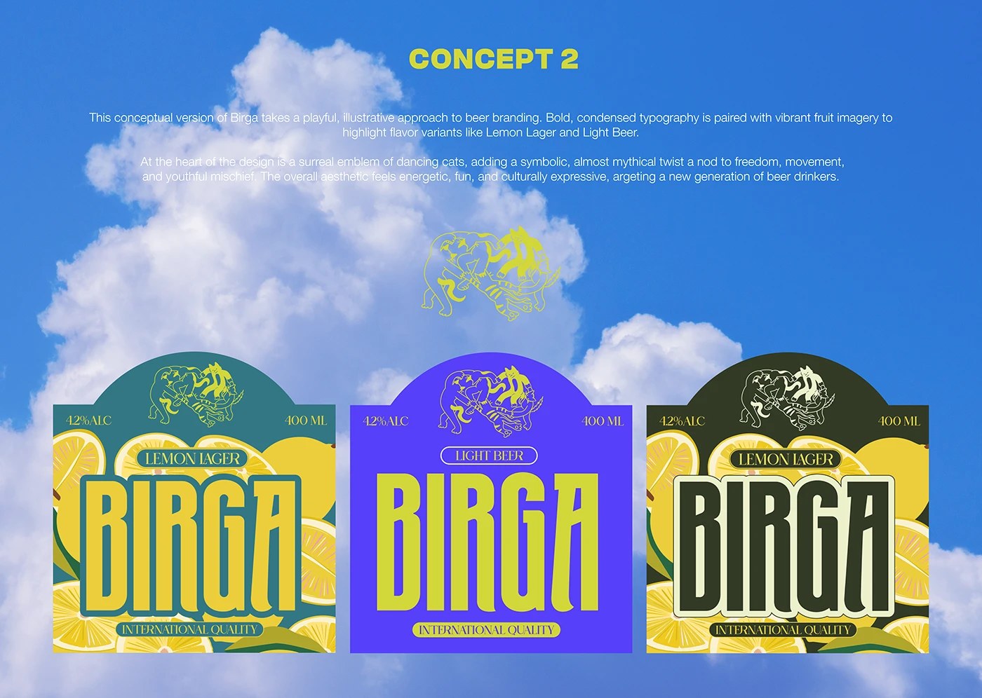 Diseño de empaque de cerveza Birga trío de botellas fondo naranja saturado letra B en negrita