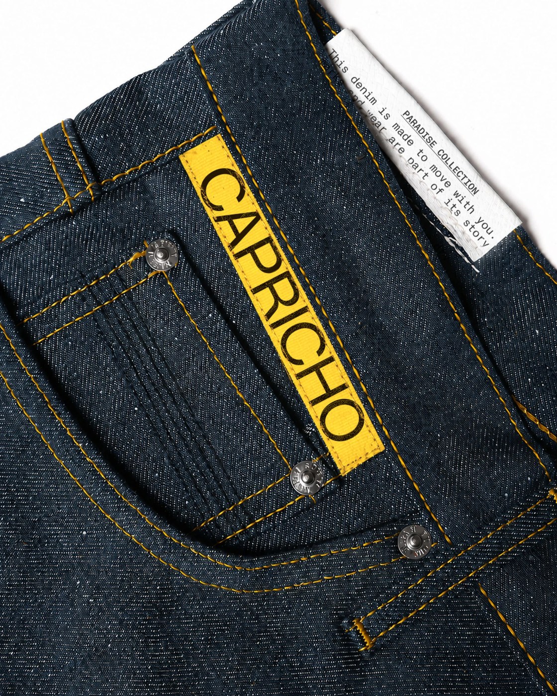 Detailed apparel design showing denim brand identity tags