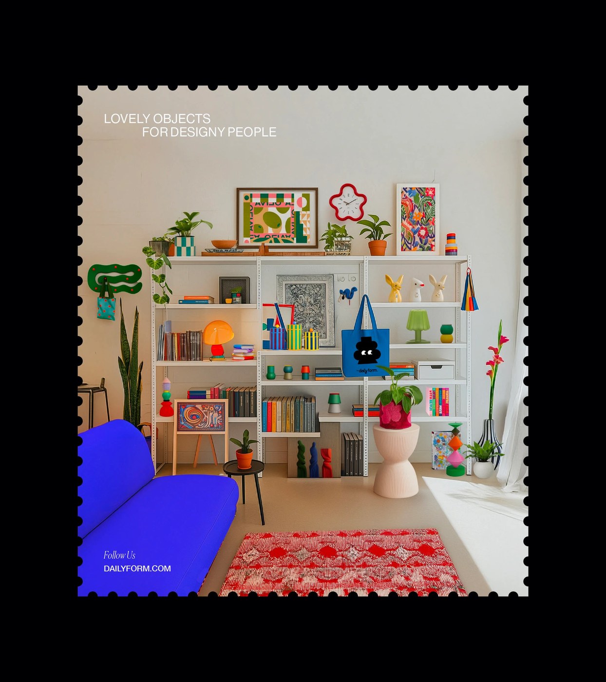 dynamic brand identity rotating color system - The Daily Form post-stamp mockups showing curated interior items