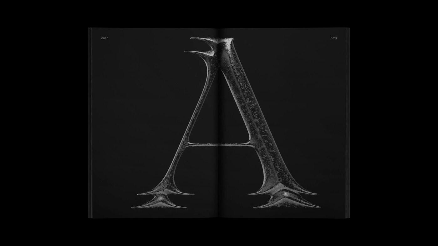 Representación del diseño de fuente serif que muestra la letra A con picos biomecánicos