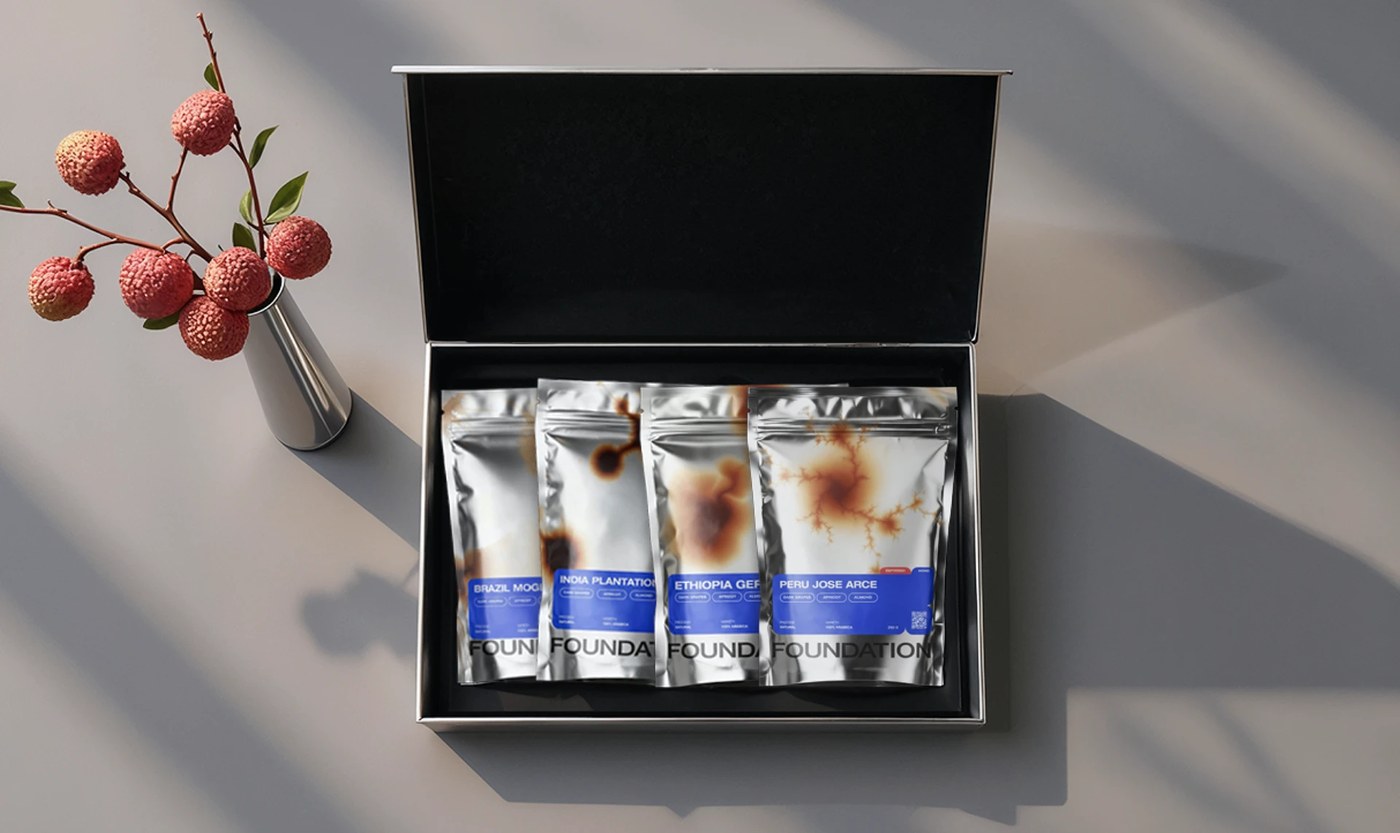 Caja de muestra de tostadores de café de base, bolsa de papel de plata cepillada de marca