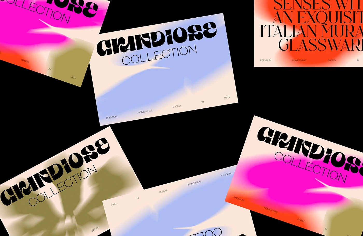 Grandiose Collection glassware brand identity collateral — gradient-printed card with logotype on lavender background