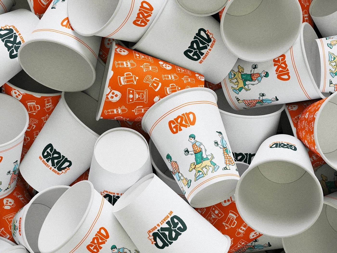 Héroe del diseño de marca de cafetería GRID: marca denominativa verde azulado oscuro renderizada a mano con un ícono de chincheta naranja