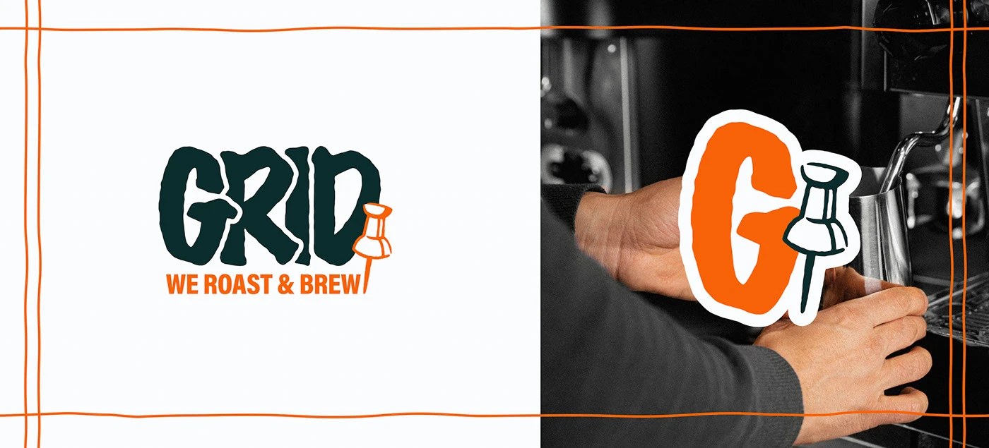 Diseño de imagen de marca de cafetería GRID: empaque de bolsas de café con personajes pintados a mano en color crema y cian