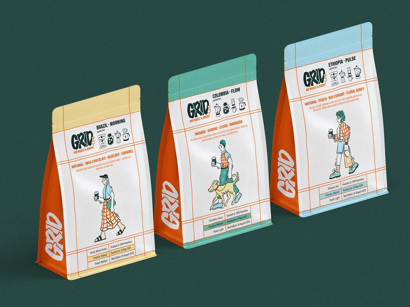 Diseño de imagen de marca de cafetería GRID: borde de marco de línea de cuadrícula naranja urbano y accesorios de marca