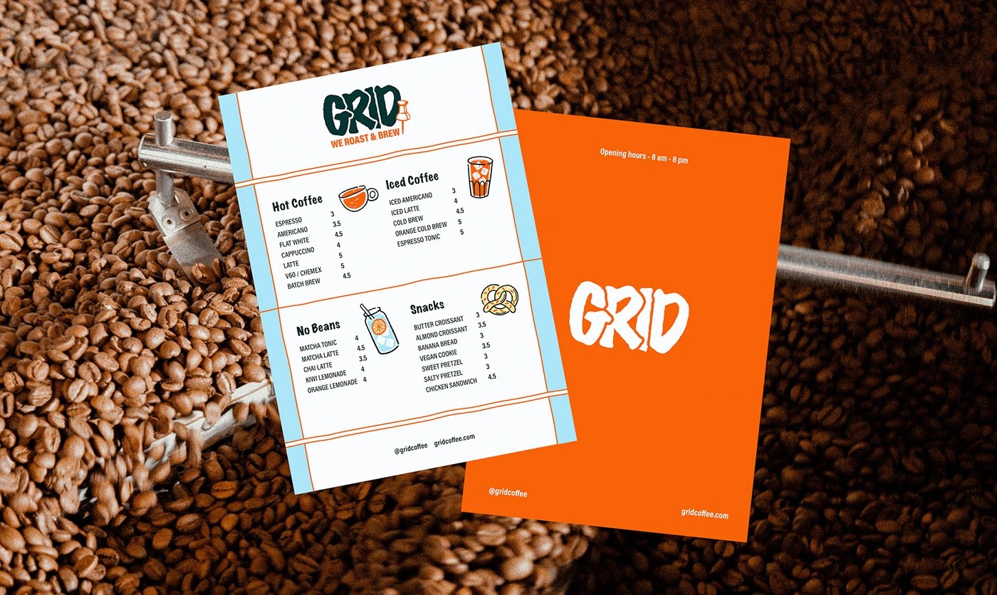 Diseño de logotipo de marca de cafetería GRID: escala del sistema desde el embalaje hasta los calcetines de marca utilizando reglas de cuadrícula unificadas