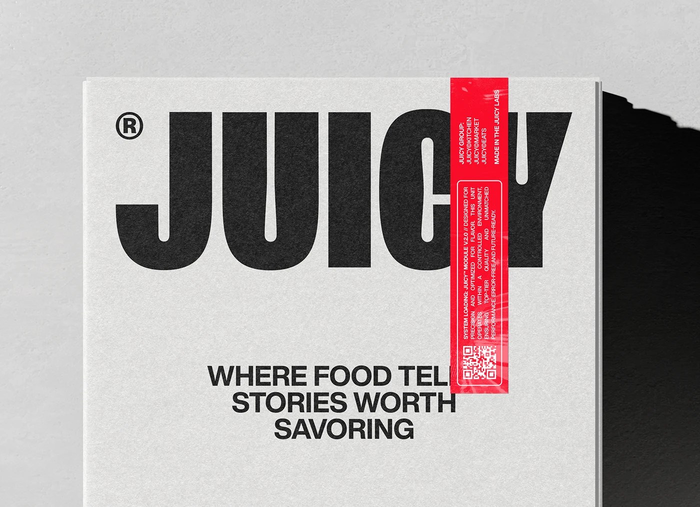 Juicy Foods food brand identity condensed black wordmark with red diagonal sticker