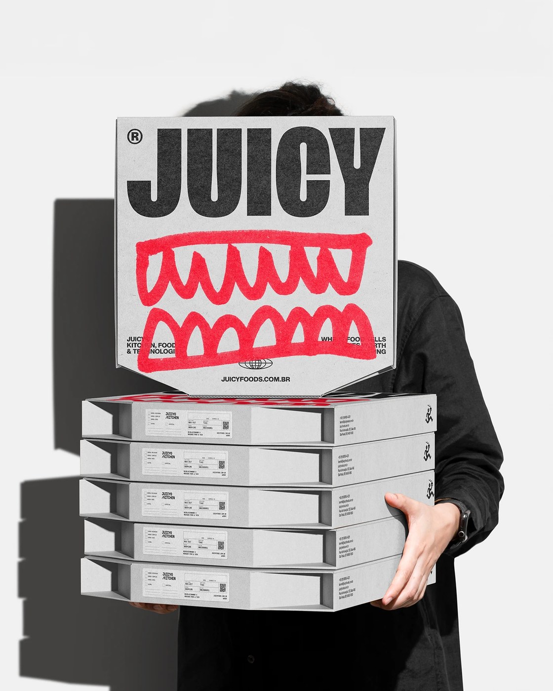 Juicy Foods food brand identity packaging system carry boxes and flat pizza lids