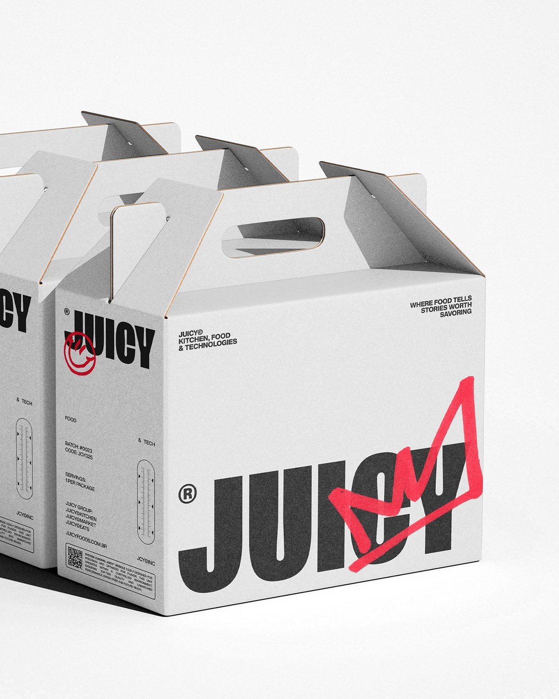 Juicy Foods food brand identity HUD tech UI panels over extreme macro food photography