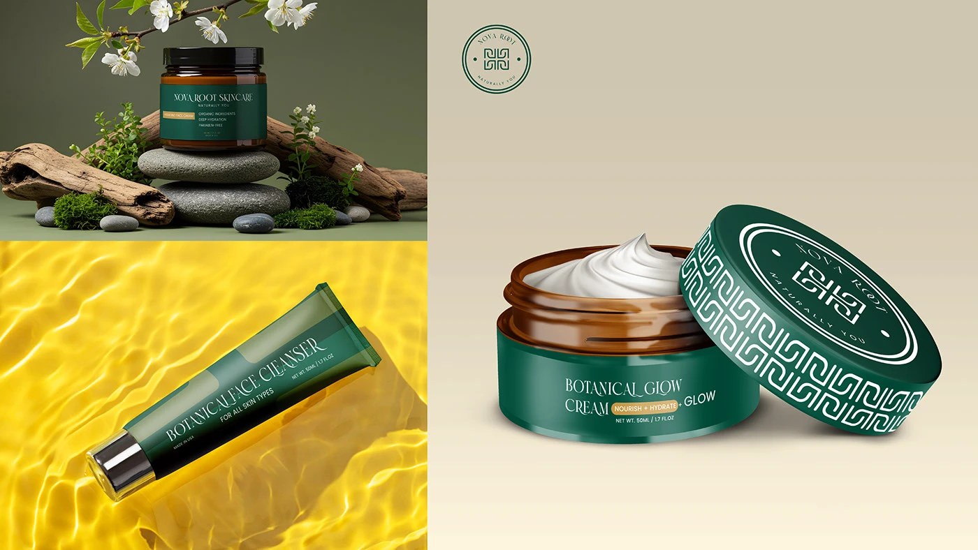 Embalaje con el logotipo de la marca de productos para el cuidado de la piel Nova Root: frasco cuentagotas verde cazador y tubo de lápiz labial