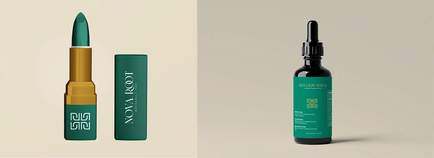 Descripción completa del sistema de identidad de marca de cuidado de la piel Nova Root: embalaje, papelería y campañas de marca