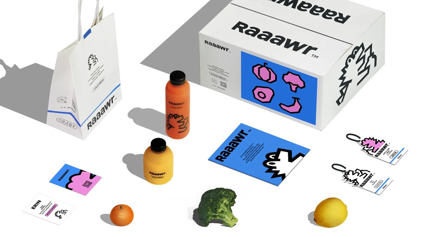 Raaawr Brand Design clean bottle mockups with custom labels — cold-pressed juice brand by lin soso