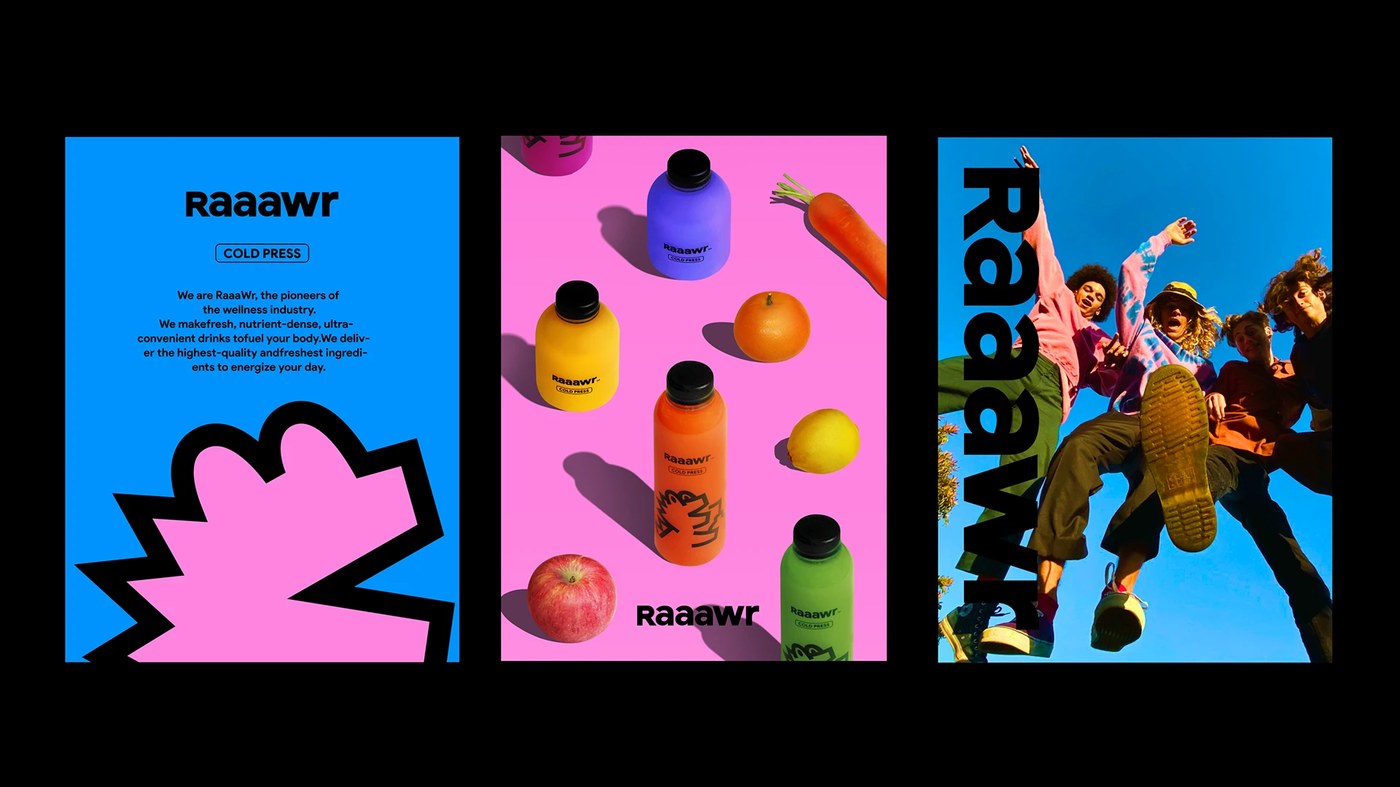 Raaawr Brand Design packaging labels and flavor variations — cold-pressed juice brand by lin soso