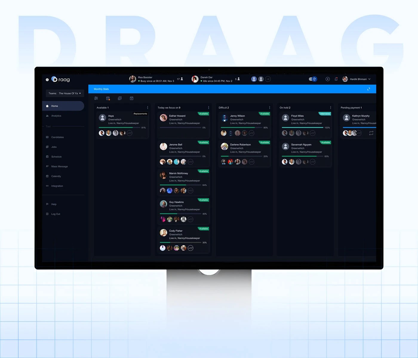 saas dashboard ui ux design showcasing candidate tracking and dark mode dashboard layout