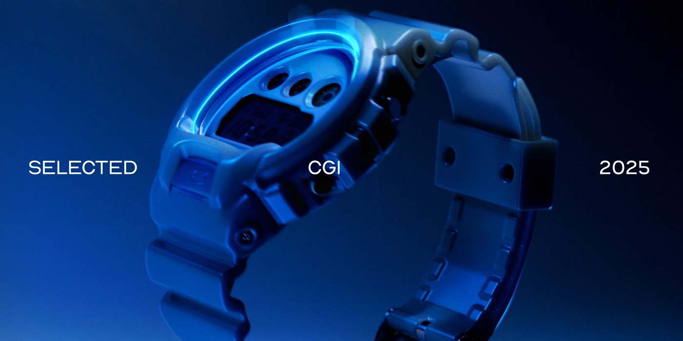 CGI product visualization design of a translucent blue digital watch with neon glow