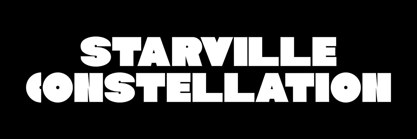 Starville constellation packaging design — ultra-condensed white wordmark on black