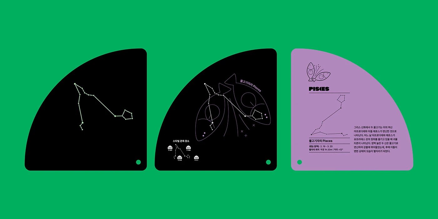 MAUM STUDIO constellation packaging design — observation booklet fan cards on acid green