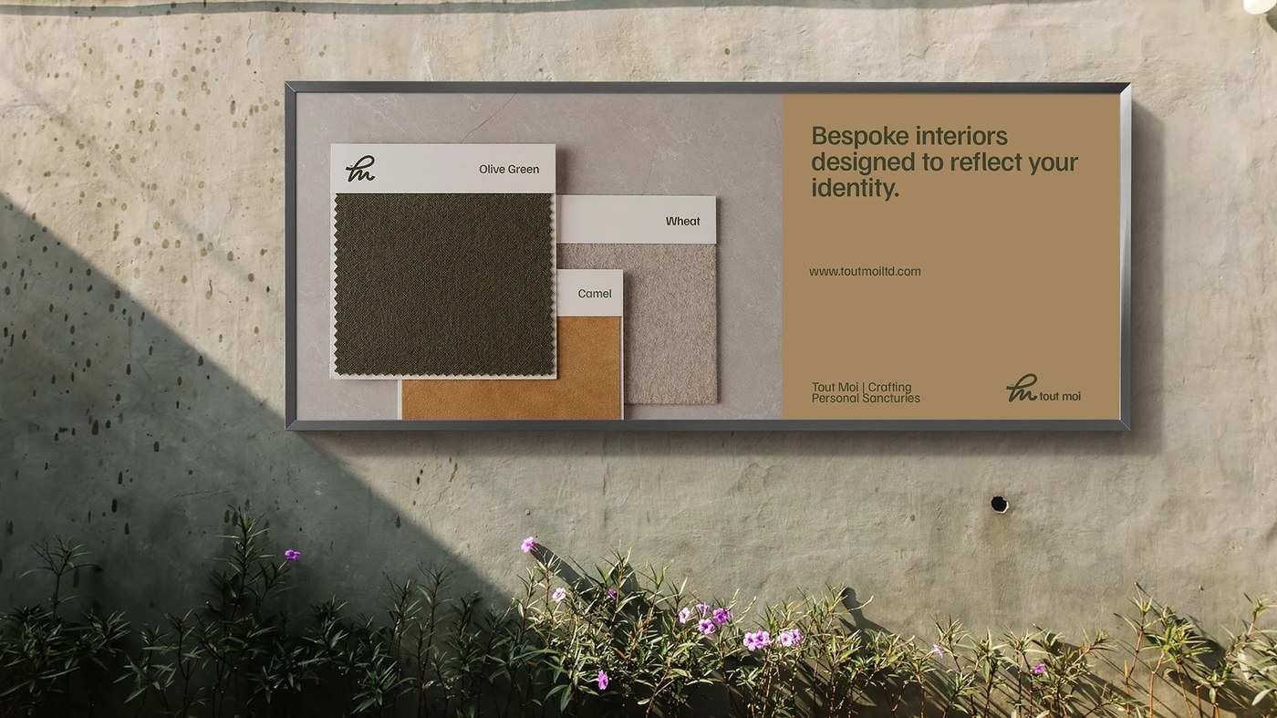 Cartelera exterior de imagen de marca inmobiliaria con muestra de tela sólida camello de trigo verde oliva