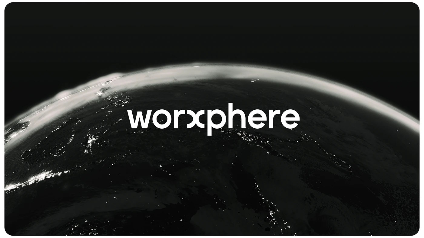 Worxphere brand identity wordmark over dark globe by Plus X