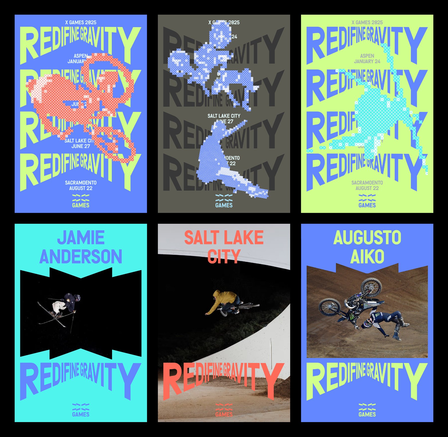 X Games rebrand event poster designs with perspective typography and halftone country maps