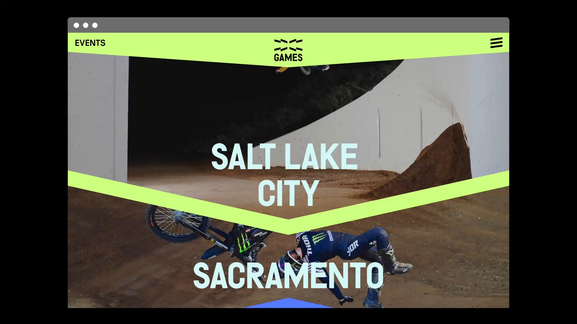 X Games rebrand website design showing events homepage with action photography and color system