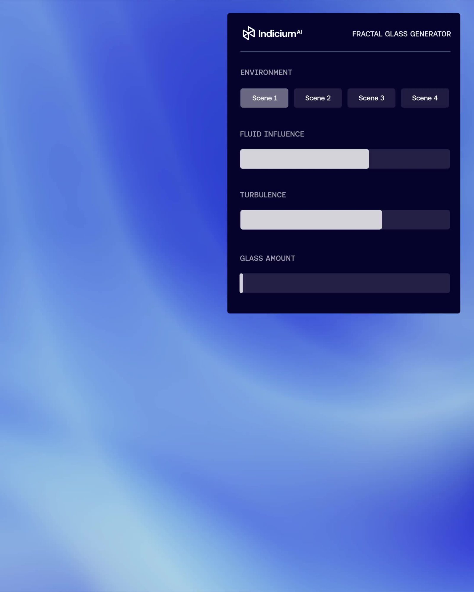 Fractal Glass Generator interface — Indicium AI brand identity toolkit by Justified Studio