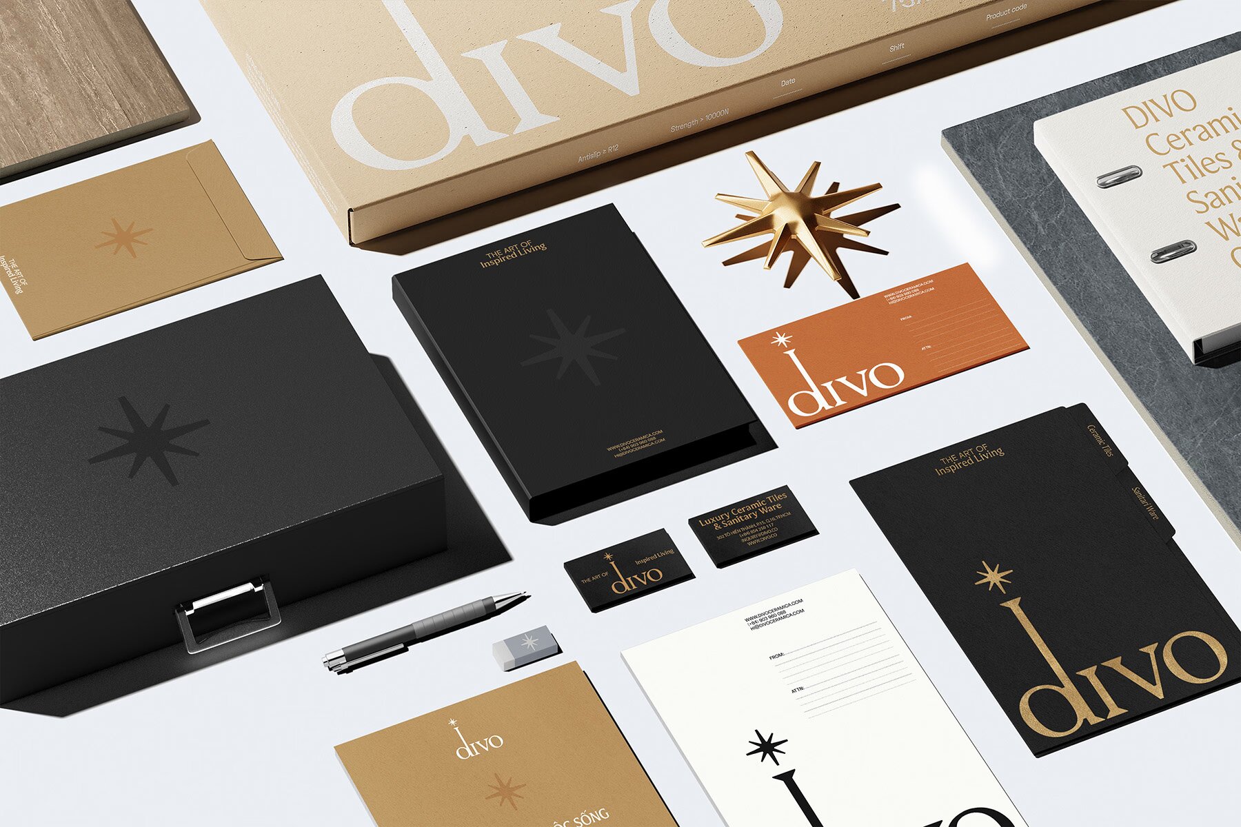 Divo Ceramica brand identity — stationery suite including letterhead and business cards