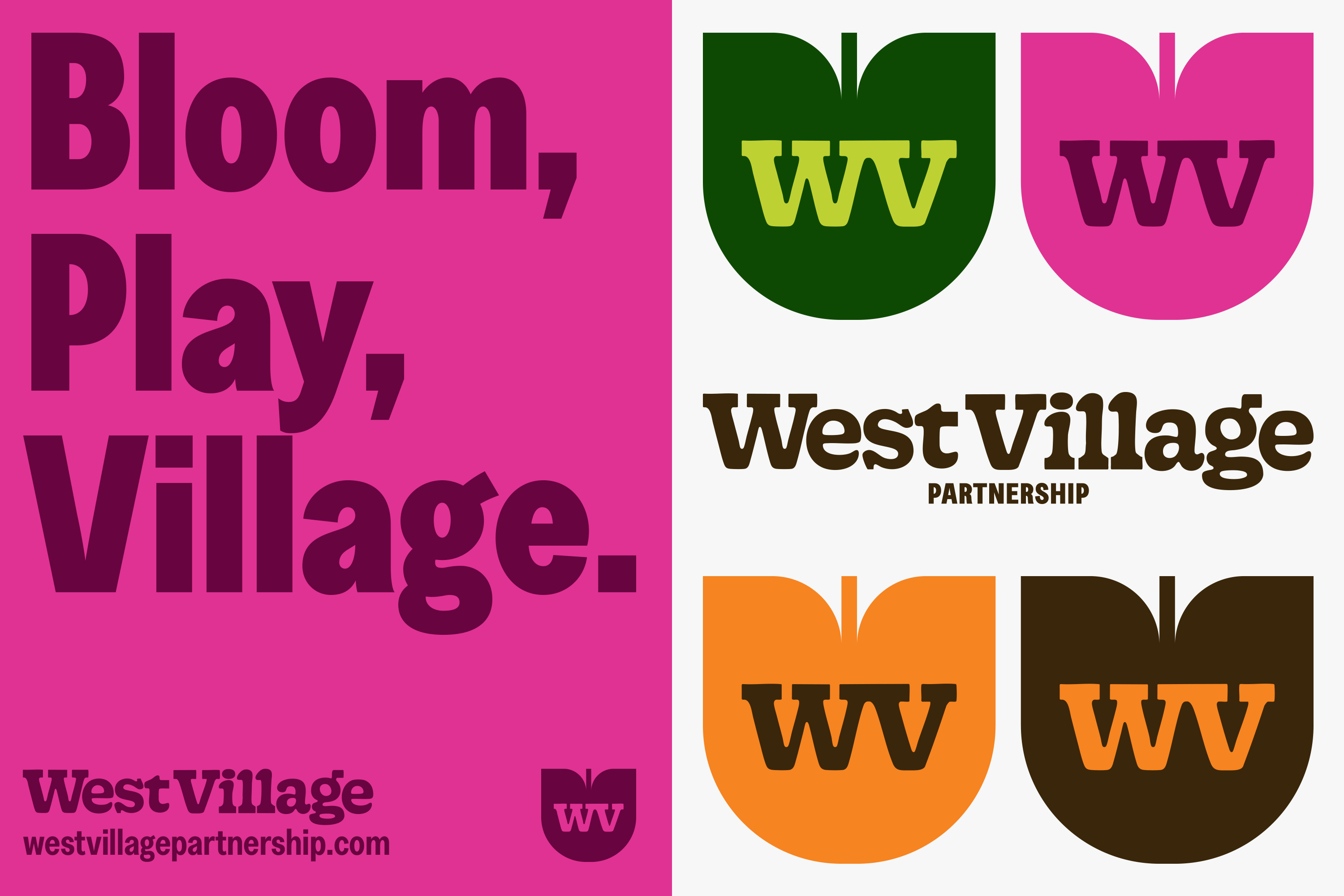 West Village brand identity Bloom Play Village wordmark and WV logo by Saint-Urbain