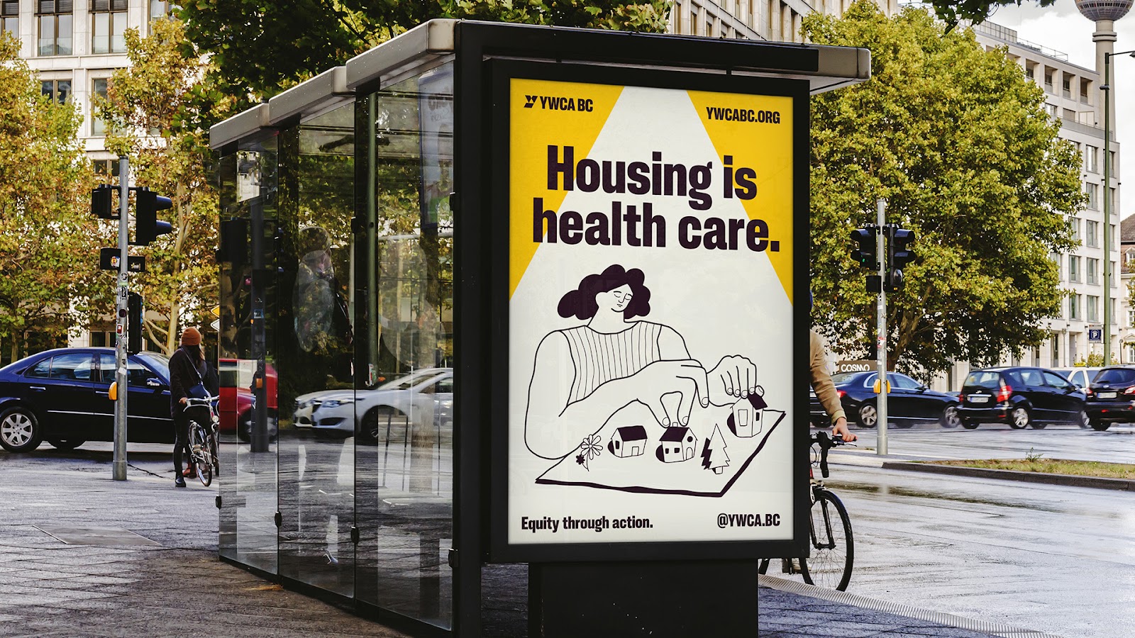 YWCA BC rebrand photography style featuring community members in a geometric Y frame