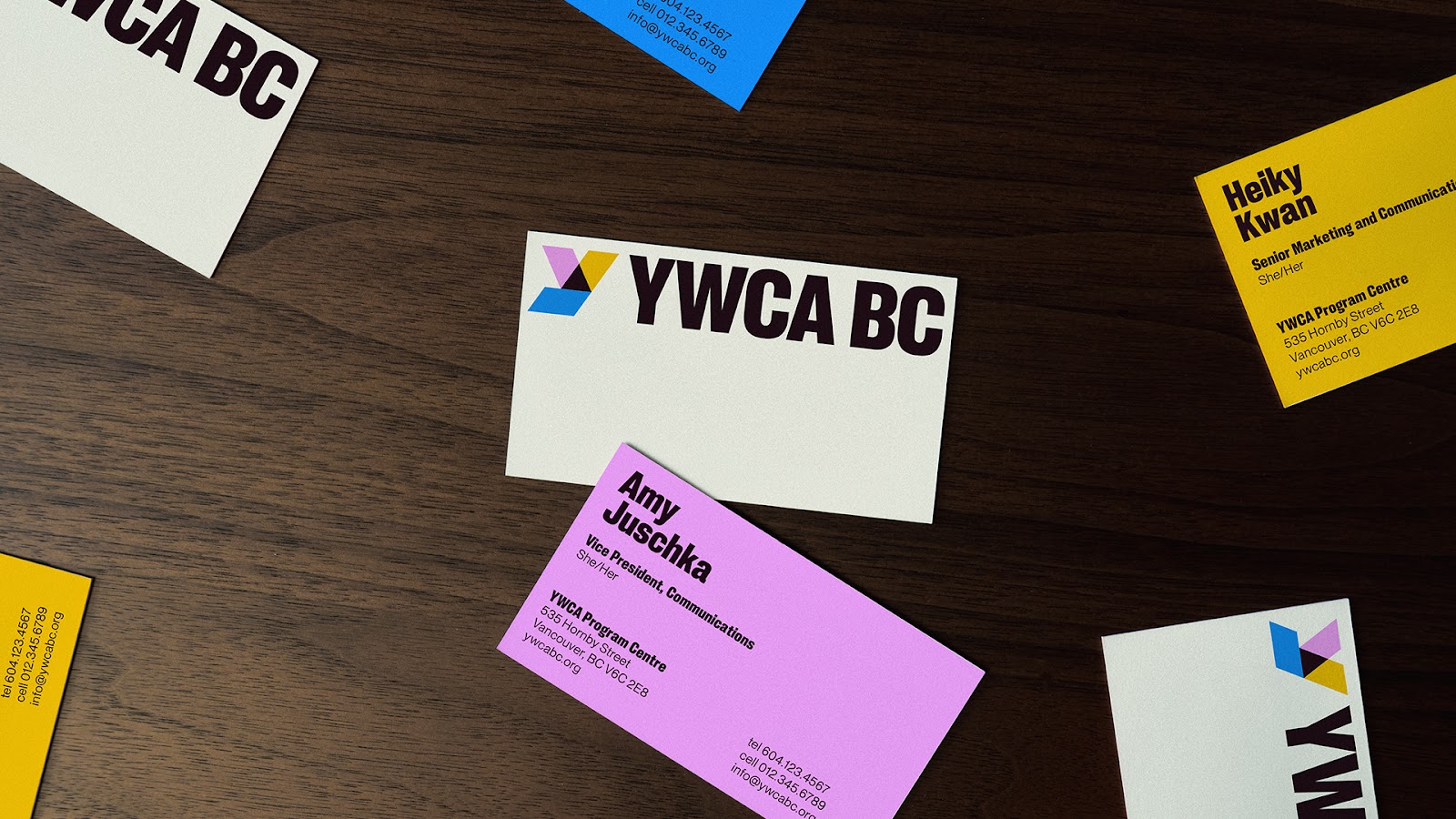 High-contrast visual identity for the YWCA BC rebrand featuring bold geometric shapes