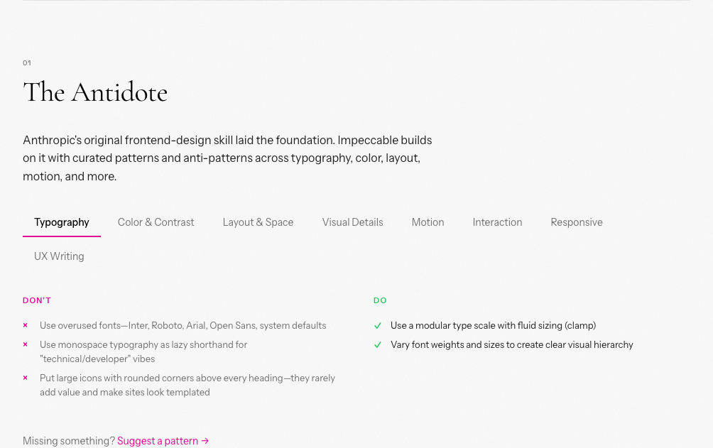 Impeccable AI design skill anti-patterns — typography dos and don'ts guide
