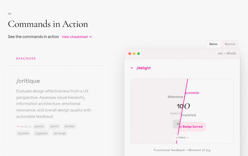 Impeccable AI design skill commands in action including /critique, /polish, and /overdrive