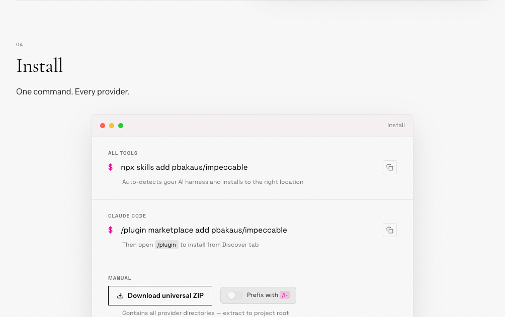 Impeccable AI design skill install screen for Claude Code and Cursor