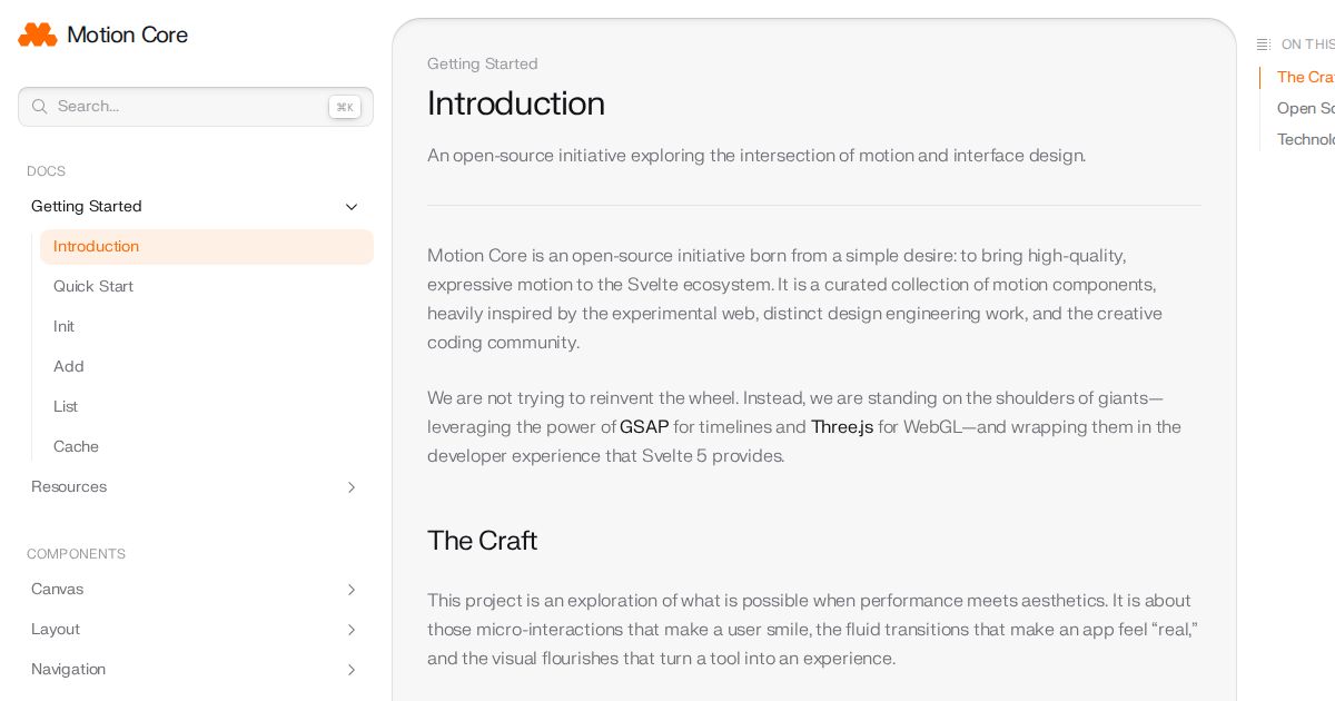 Motion Core documentation — introduction page covering the component architecture and GSAP integration