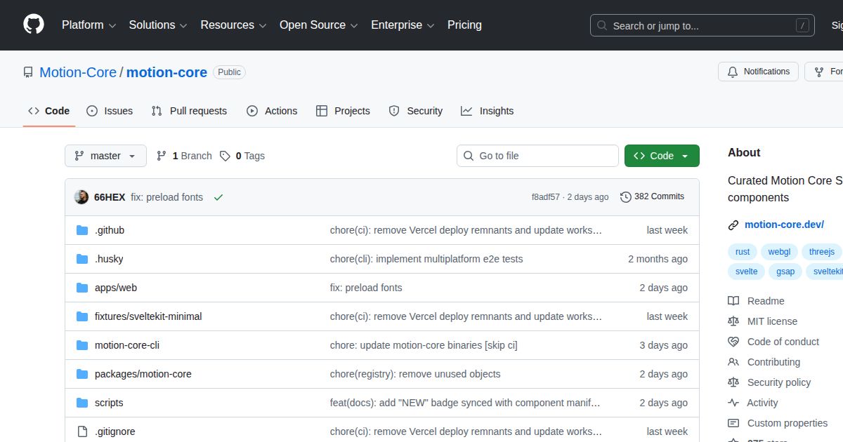 Motion Core GitHub repository — open source Svelte animation toolkit with 267 stars