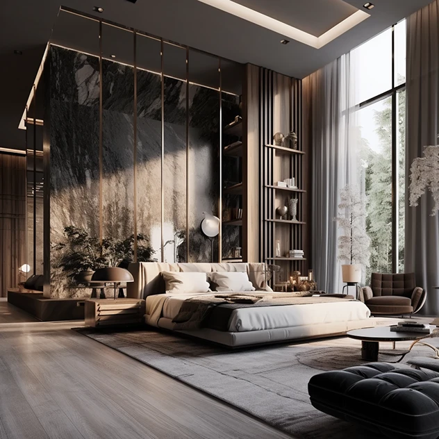 Midjourney v7 branding direction board — luxury bedroom with dark marble and warm brass interior