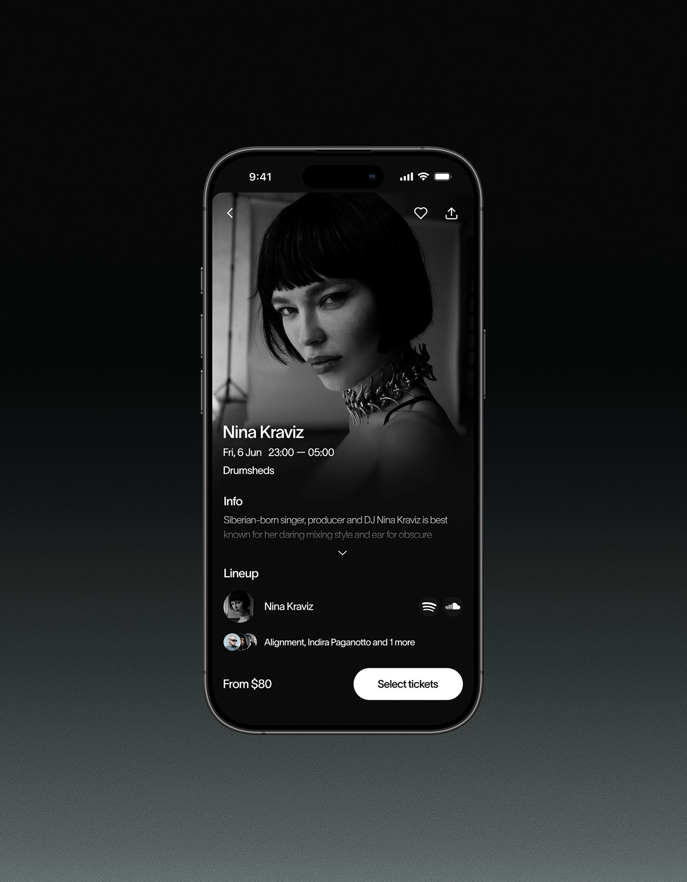 Nite event discovery app UI showing dark mode home screen with vivid gradient event cards
