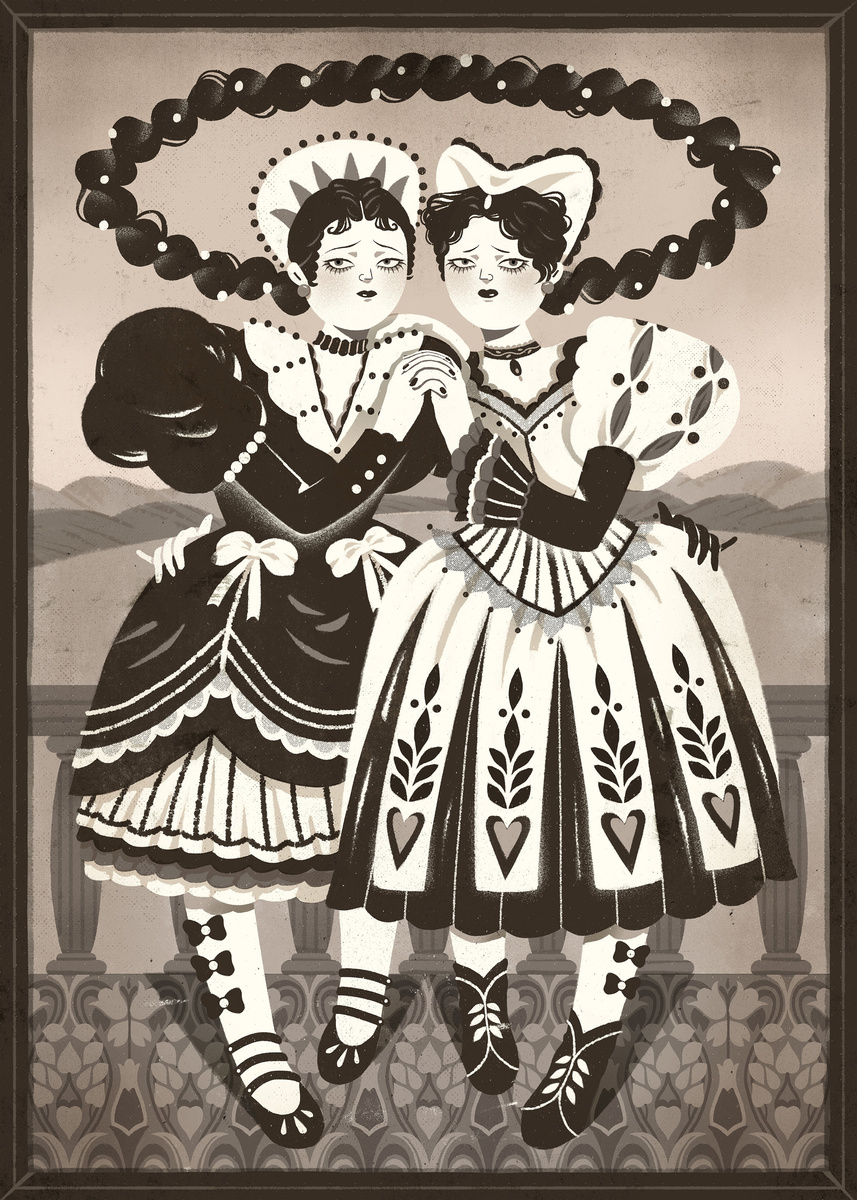 Peilin Li illustration Twins black and white unsettling oil portrait with two girls and frightened expressions