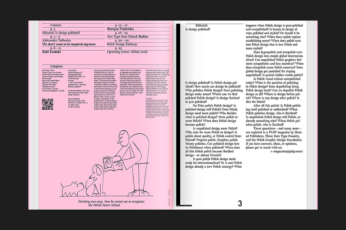 Polish design revue PLOP interior spread with Radius typeface