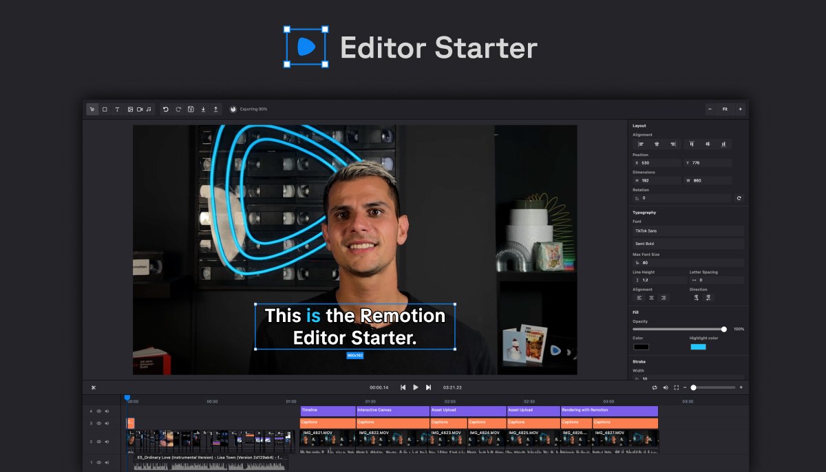 Remotion React video editor interface showing composition and rendering tools