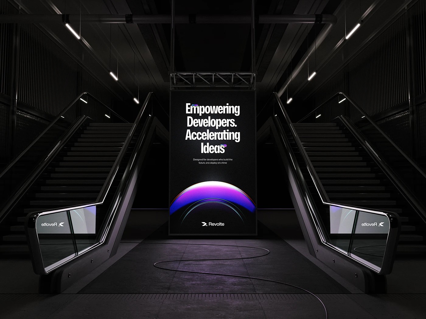 Revolte AI branding — environmental escalator installation with italic headline