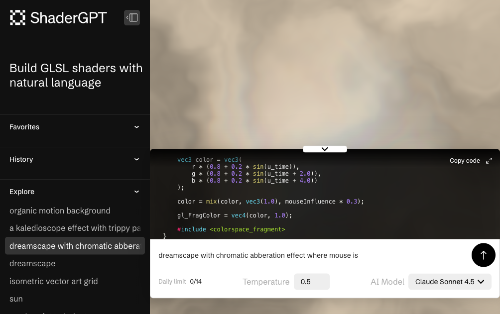 ShaderGPT AI generador de sombreador diferencia de color de paisaje onírico