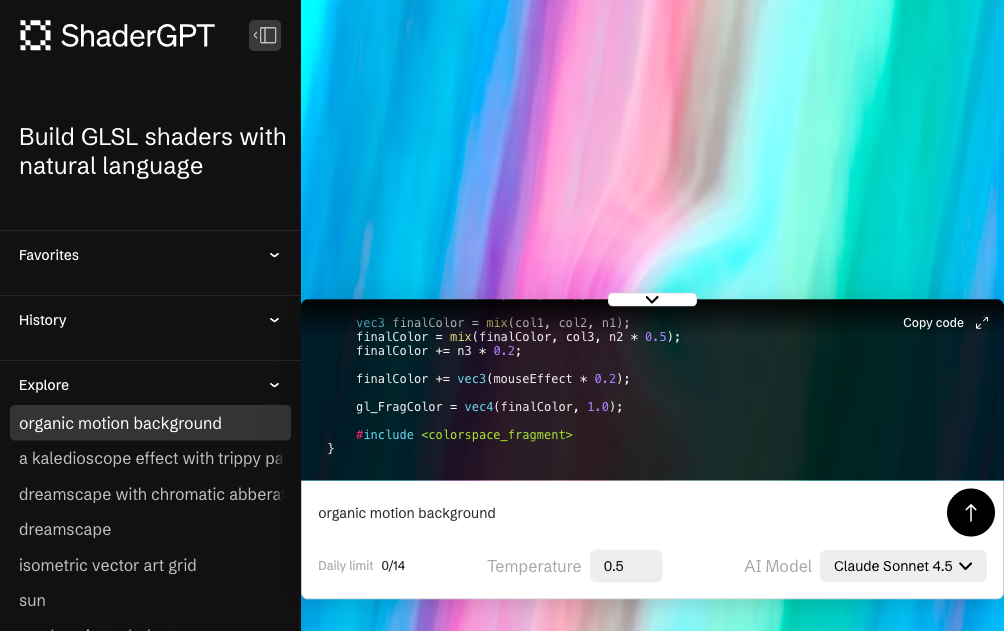 La interfaz del generador de sombreadores AI ShaderGPT muestra fondos de movimiento orgánico