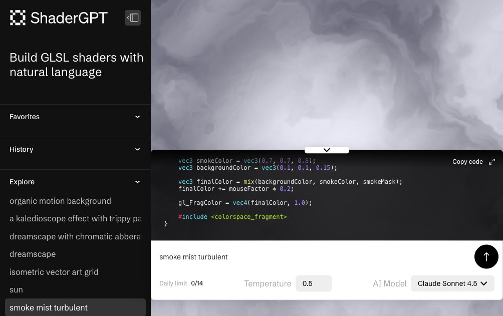 ShaderGPT AI Shader Generator Humo Turbulencia Shader