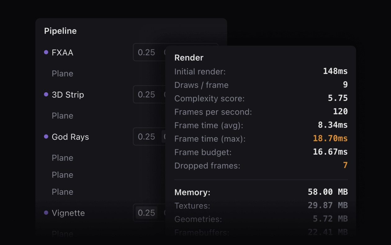 Unicorn Studio WebGL design tool built-in performance estimator panels